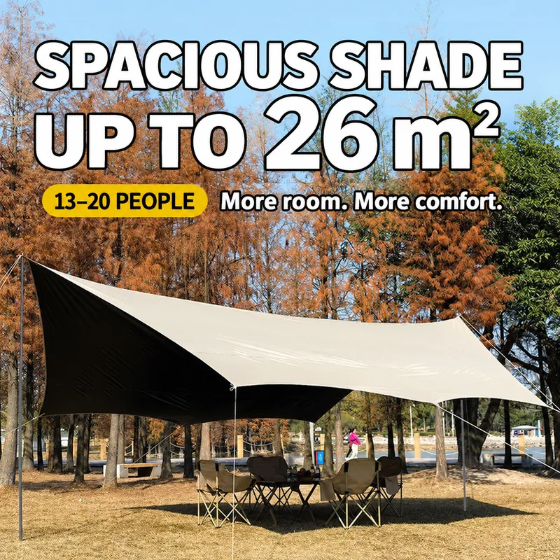 English product image of a large camping canopy in an autumn park
