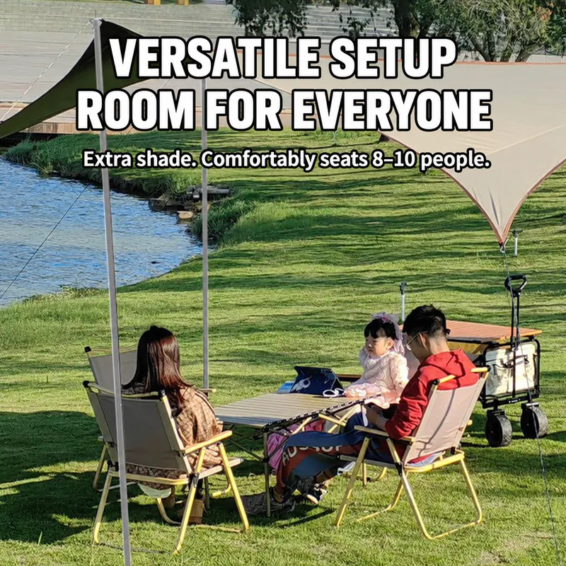 English product image showing a family seated under a lakeside canopy