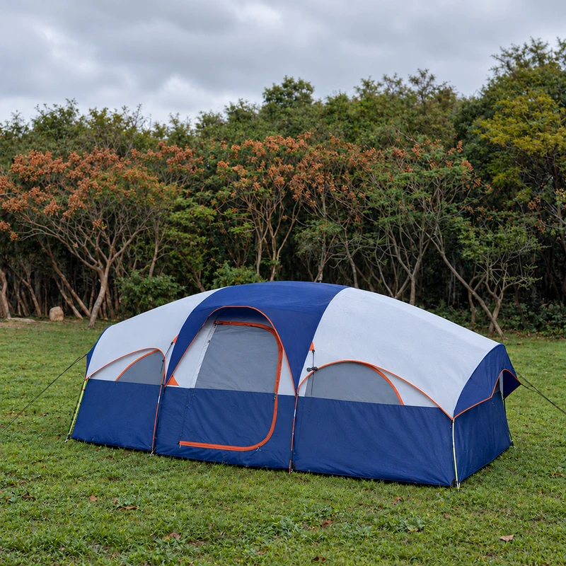 Extended navy and gray family tent with the rainfly fitted outdoors