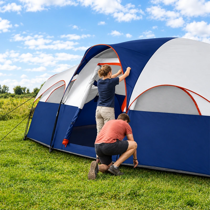 Fictional adult models adjusting the family tent during pitching
