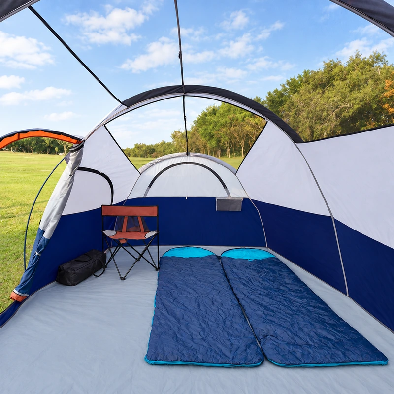 Family tent interior showing mesh roof, two display sleeping bags and a chair