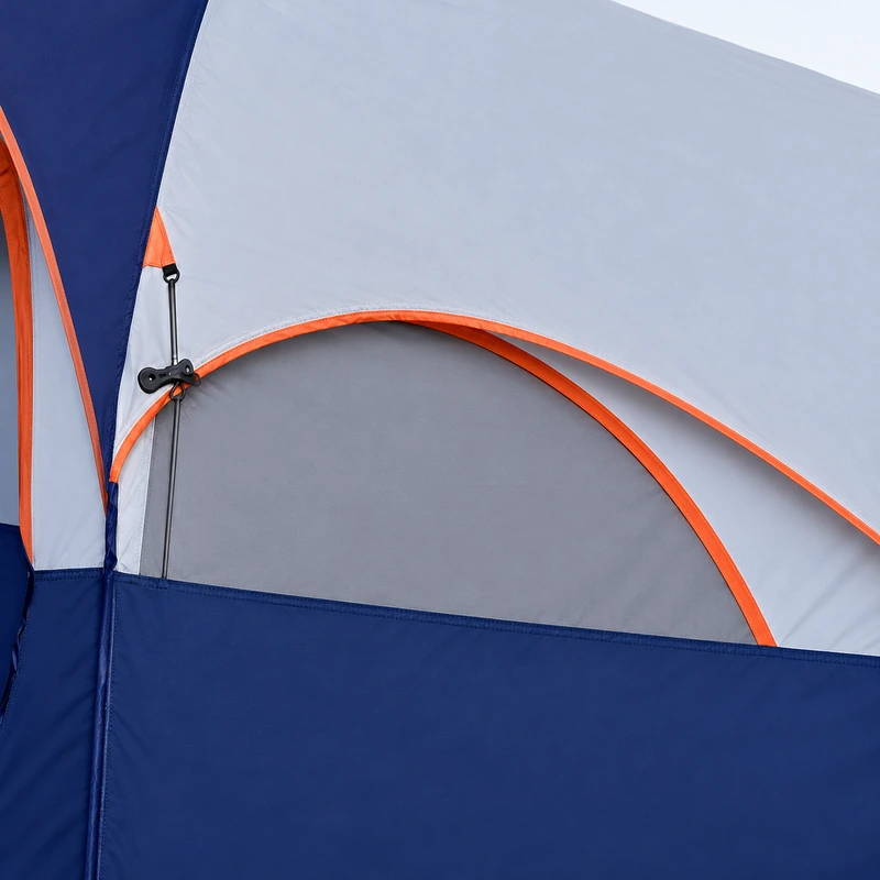 Close view of the family tent window cover and orange fabric trim