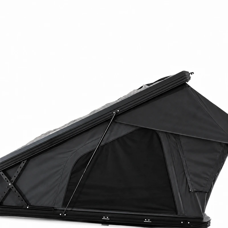 Close view of rooftop tent aluminum frame and support rod
