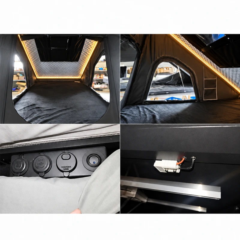 Four detail views of tent interior, lighting and accessory panel