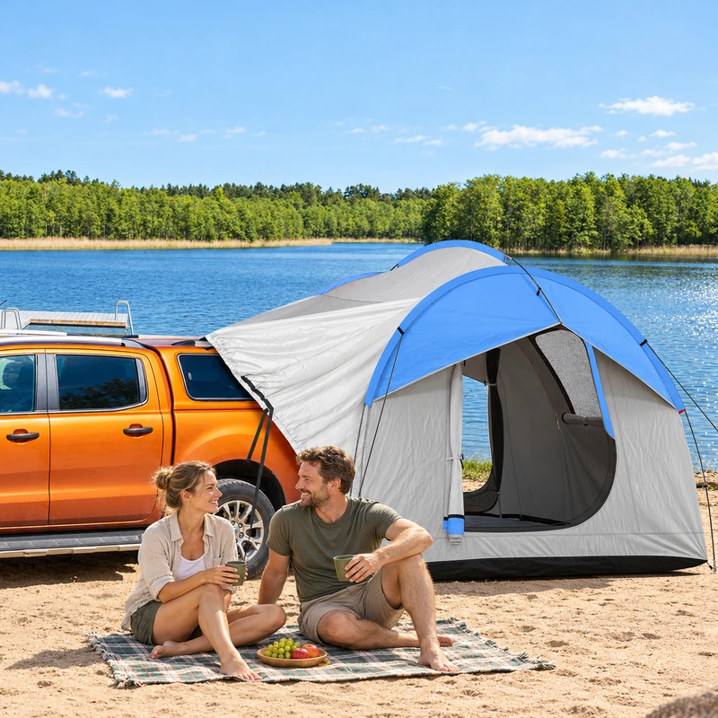 Gray and blue tailgate tent connected to a vehicle at a lakeside campsite with fictional adult models