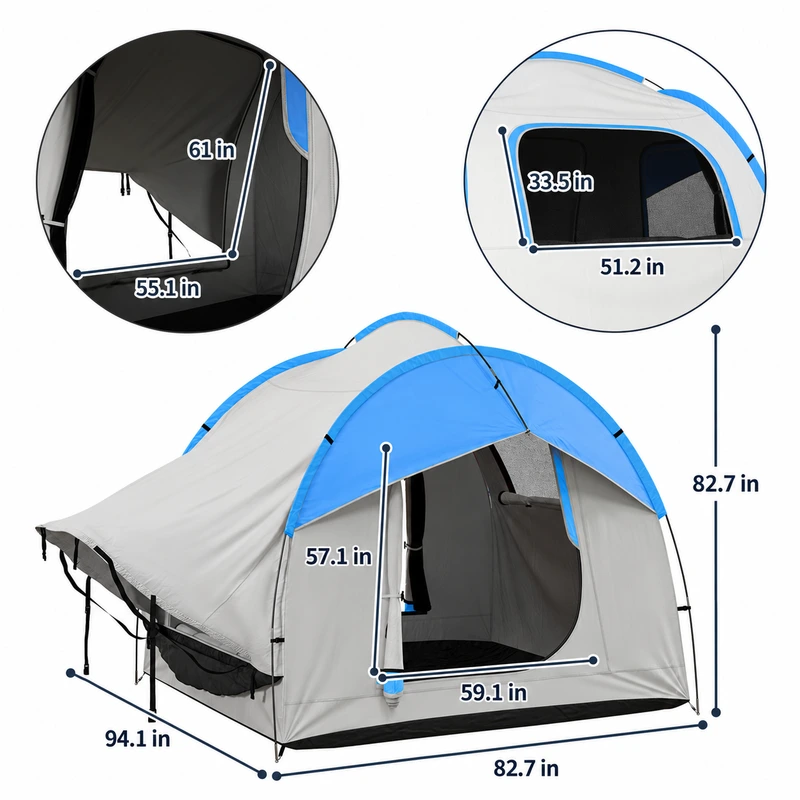 Dimension drawing of gray and blue tent showing 94.1 by 82.7 by 82.7 inch overall size, door and window dimensions