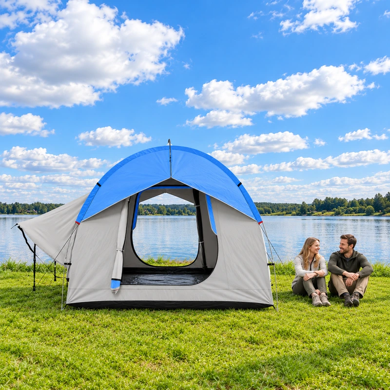 Open-door view of the gray and blue car-camping tent with adult models to the side
