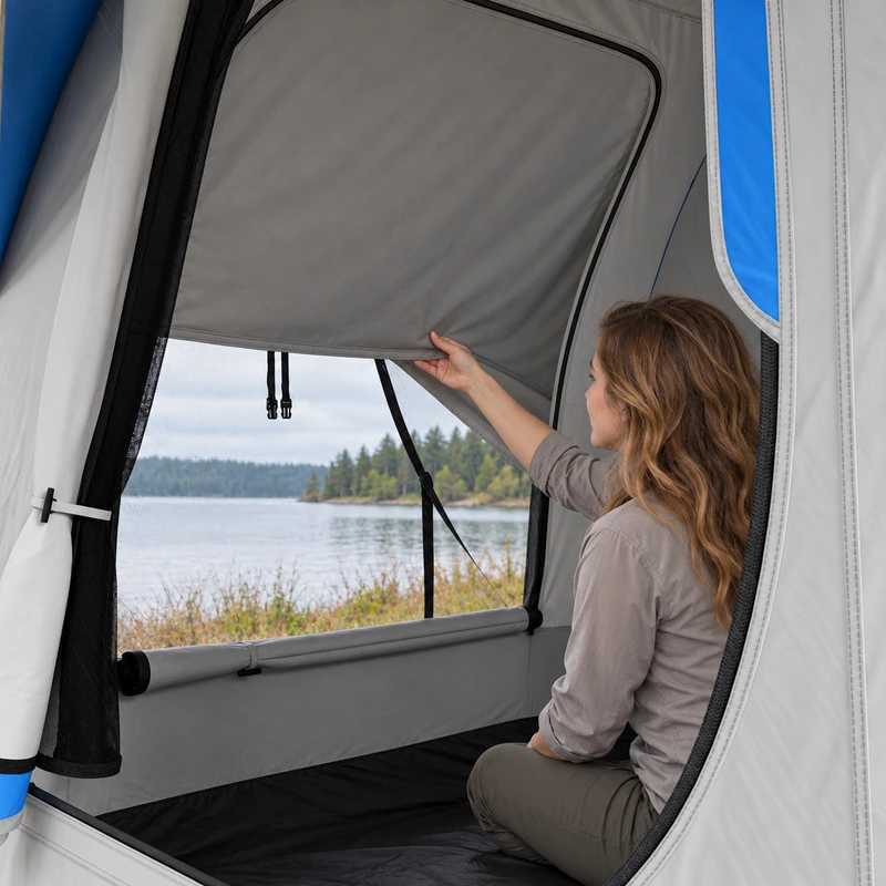 Interior mesh-window and fabric detail with a fictional adult model