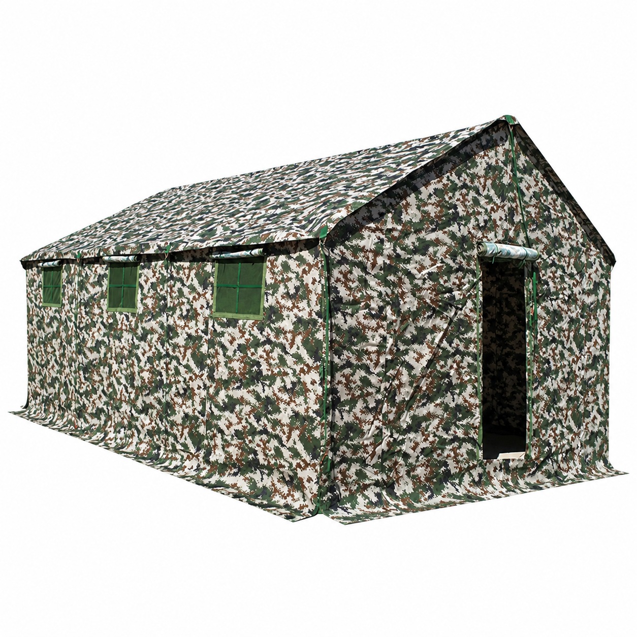 Camouflage ridge shelter with small square side windows, a rolled end-door flap and ground skirt.