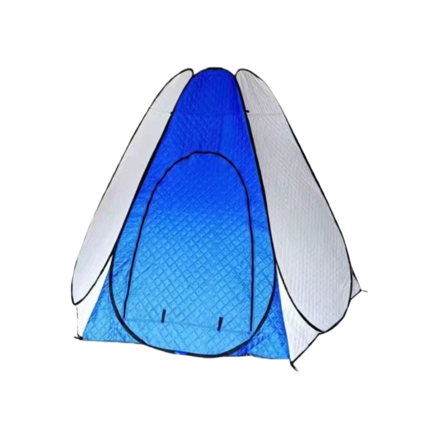 Blue and white tapered shelter with a quilted front panel and arched zipper opening.
