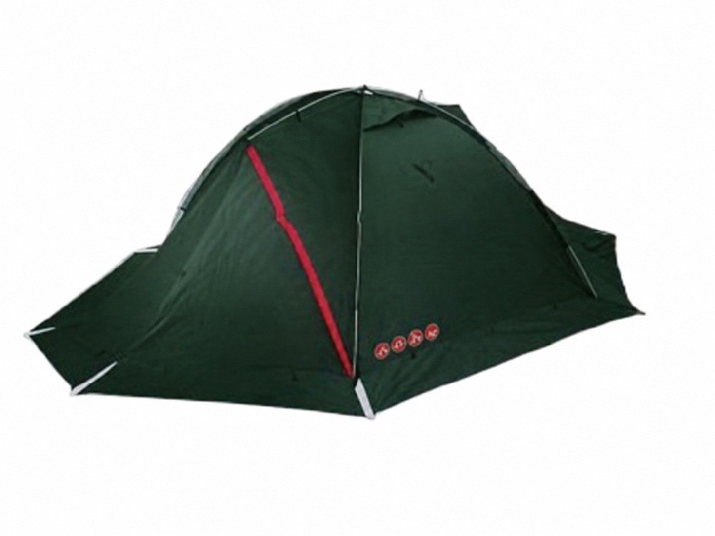 Dark green arched tent with red trim and low projecting fly panels at the sides.