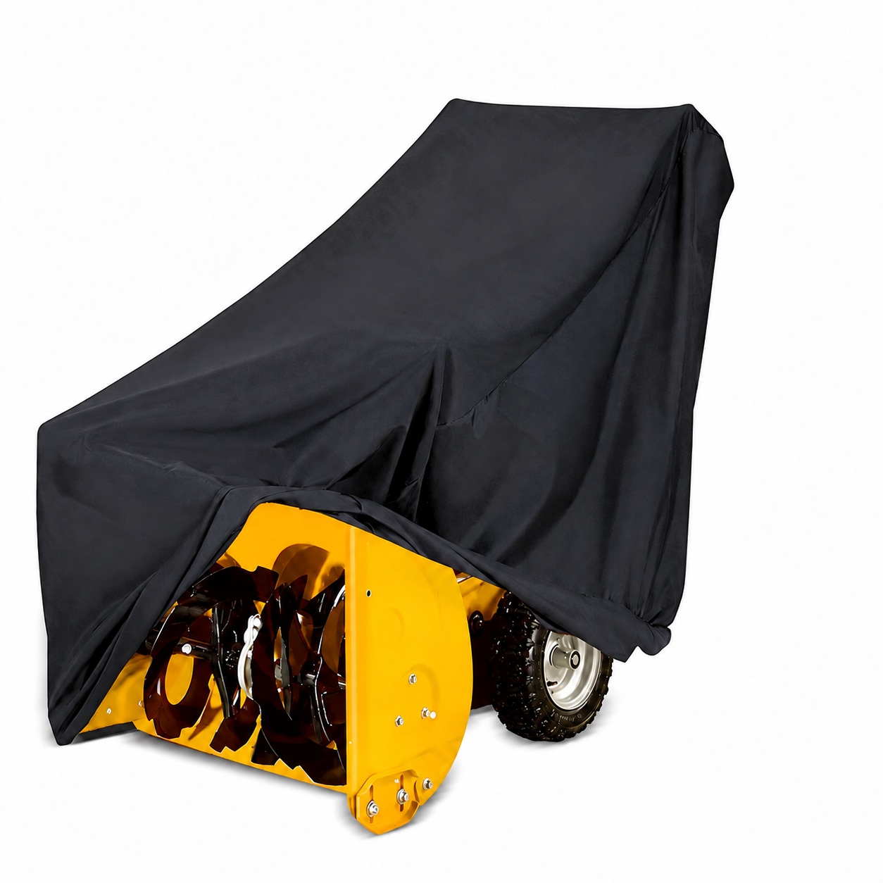 Black cover partly lifted over a yellow snow thrower.
