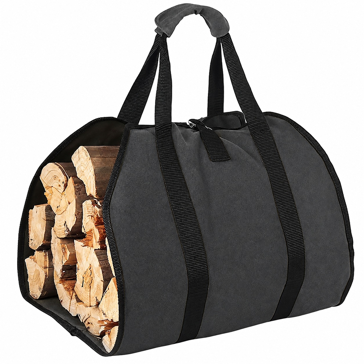 Black open-ended firewood carrier with webbing handles and stacked logs.