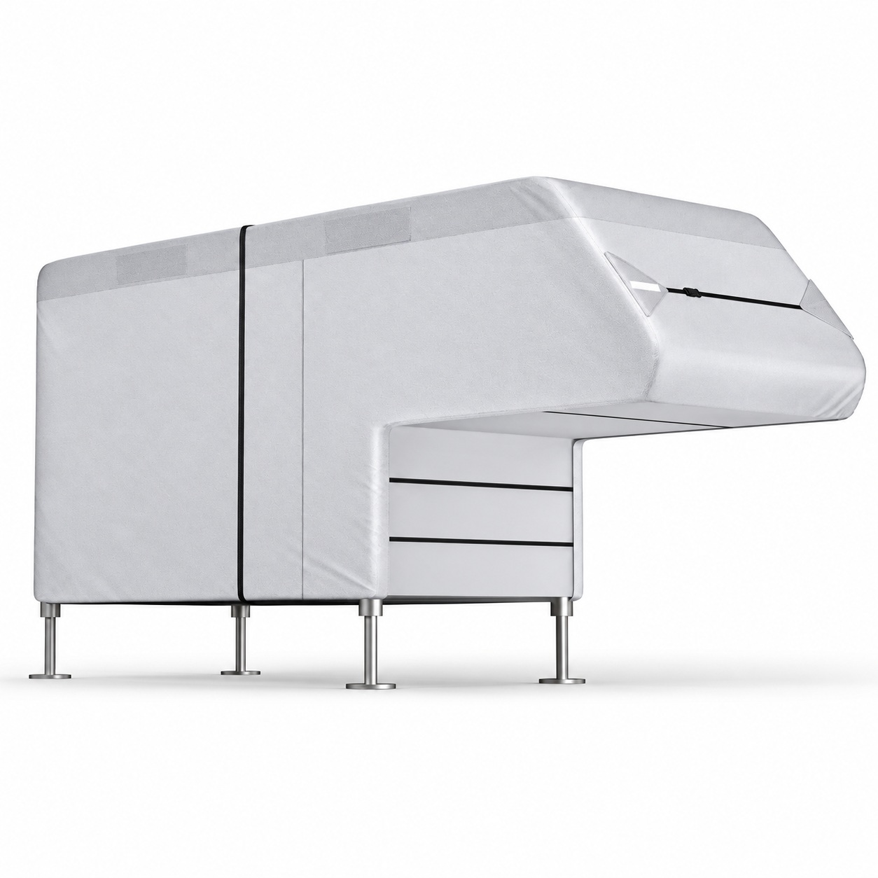 Gray storage cover fitted over a slide-in truck camper on support legs.