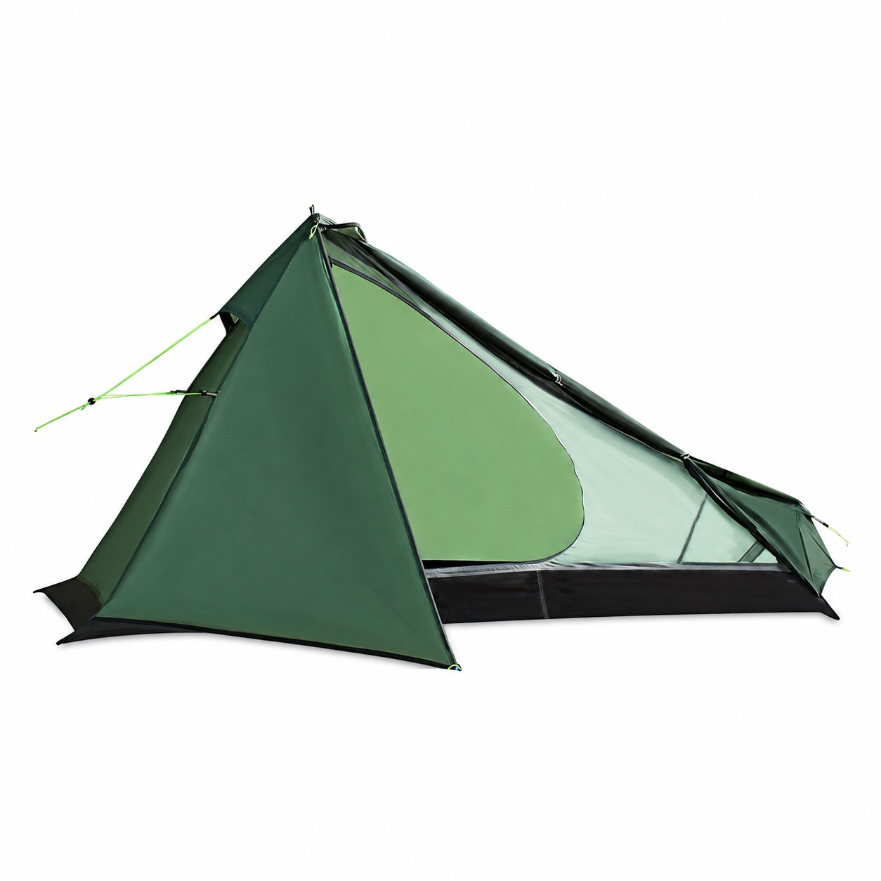 Green triangular trekking shelter with an open side panel and dark bathtub floor.
