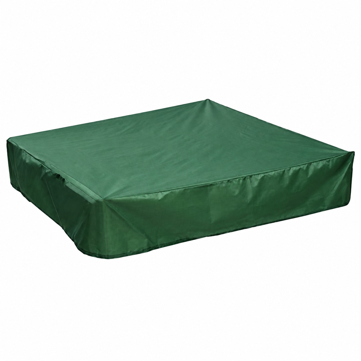 Green square sandbox cover with sewn corners and a low fitted edge.