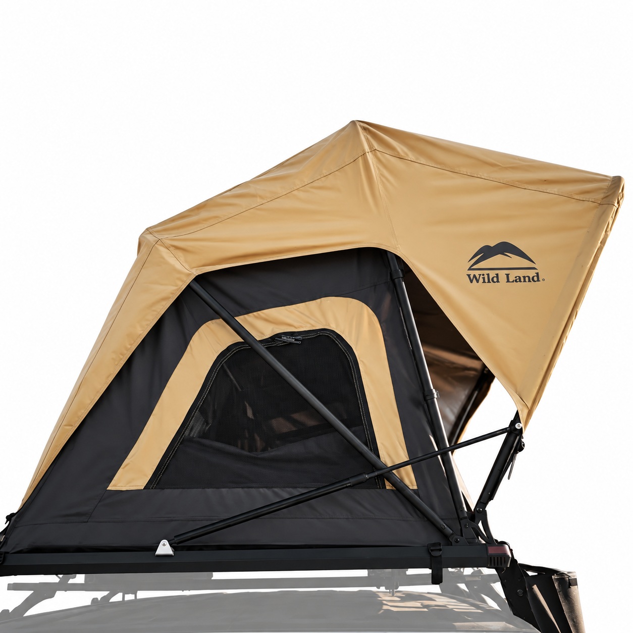 Raised soft-shell rooftop tent with tan flysheet, dark inner and visible gas-assisted support frame