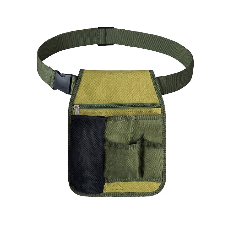 Green garden tool waist pouch with a zipper, open pockets, a mesh pocket and a buckle belt.