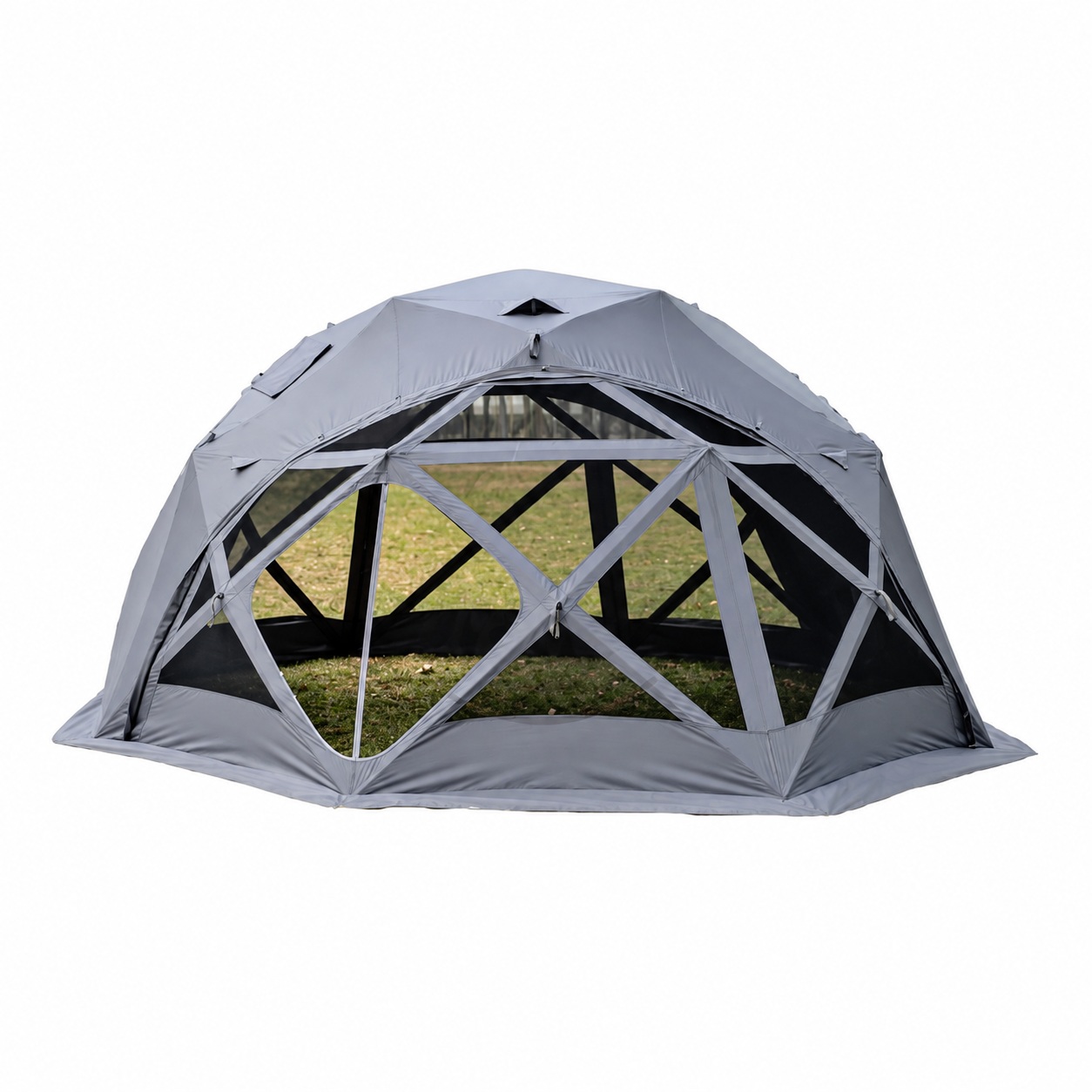 Gray hemispherical shelter with a solid upper cap, triangular mesh wall panels and a large front opening