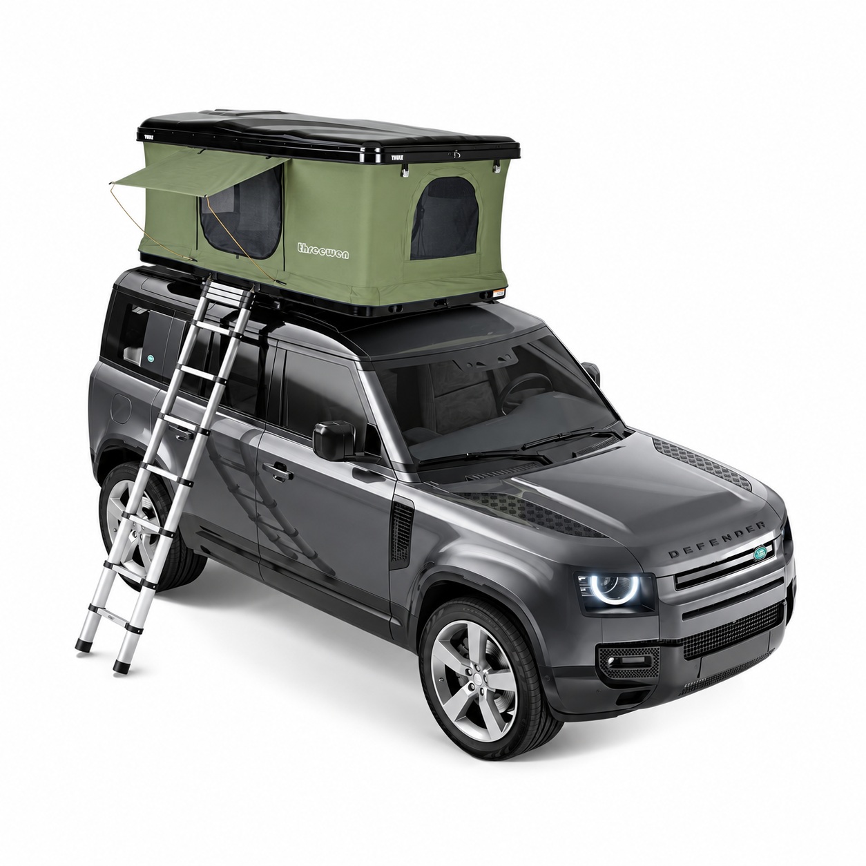 Green flat-roof rooftop tent raised on a vehicle, with side windows and an extended ladder.