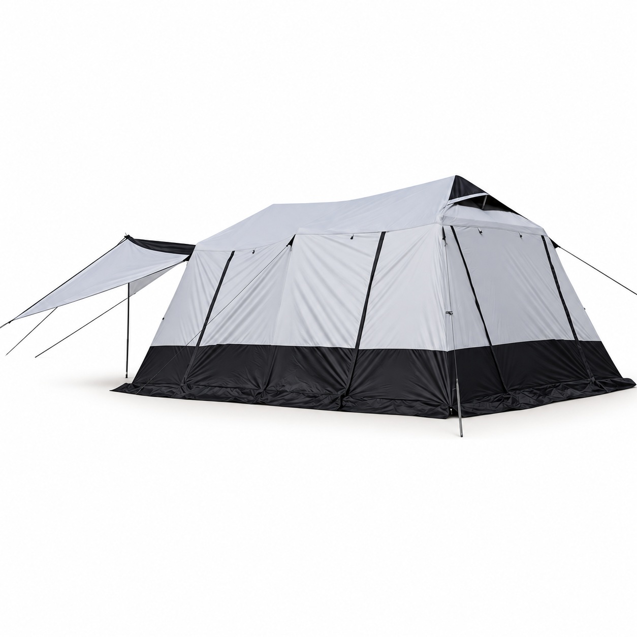 Long gray family cabin tent with faceted sides, a dark ground skirt and a supported entry awning