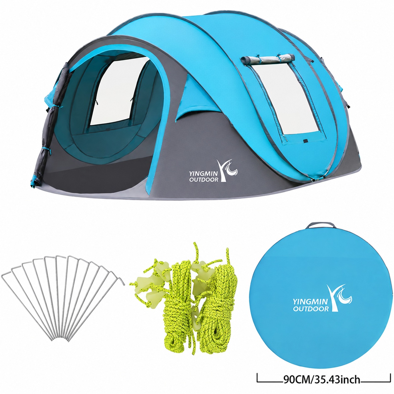 Blue and grey pop-up tent with an arched door and rolled window cover, shown with a round bag, stakes and ropes.