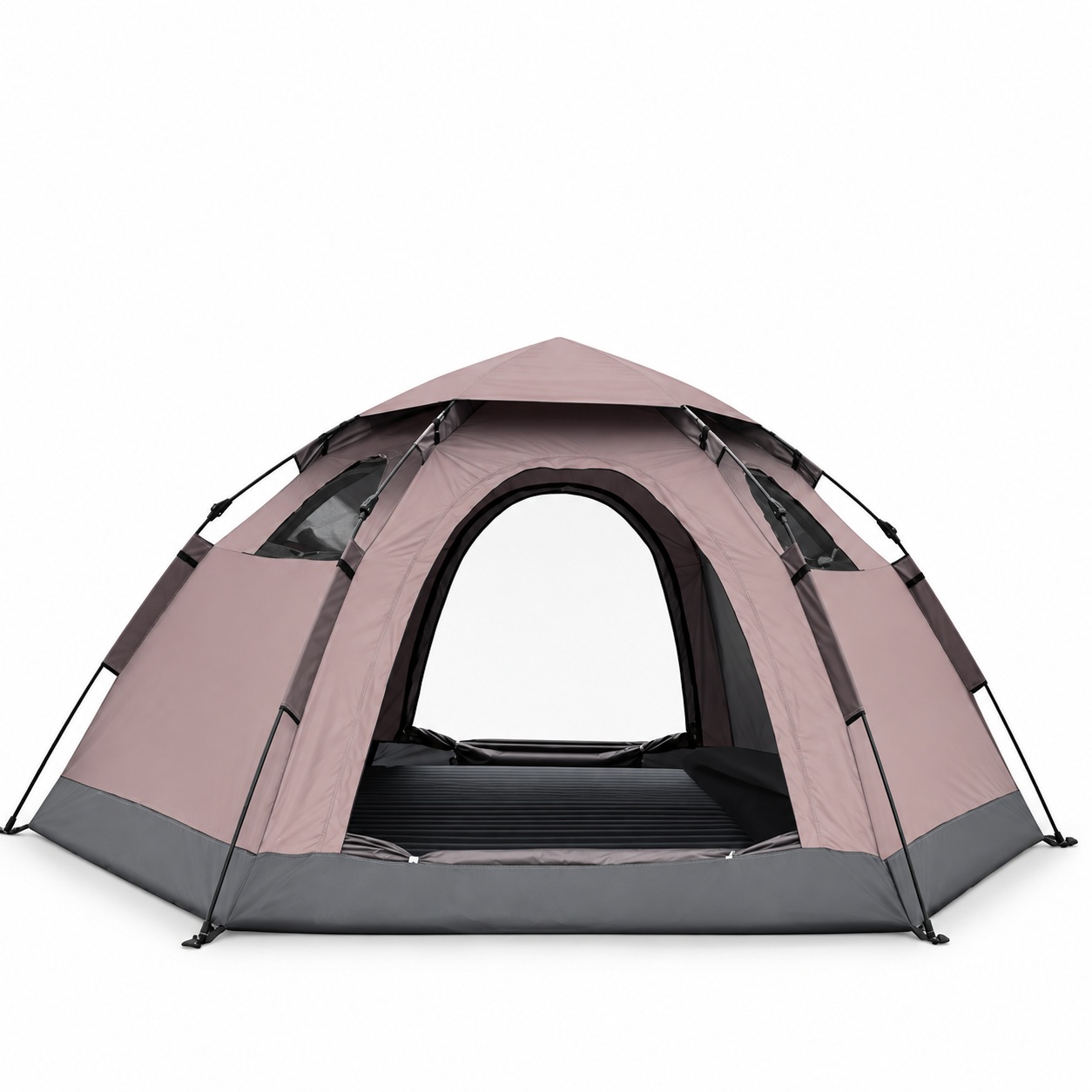 Hexagonal camping tent with arched entry and roof cap