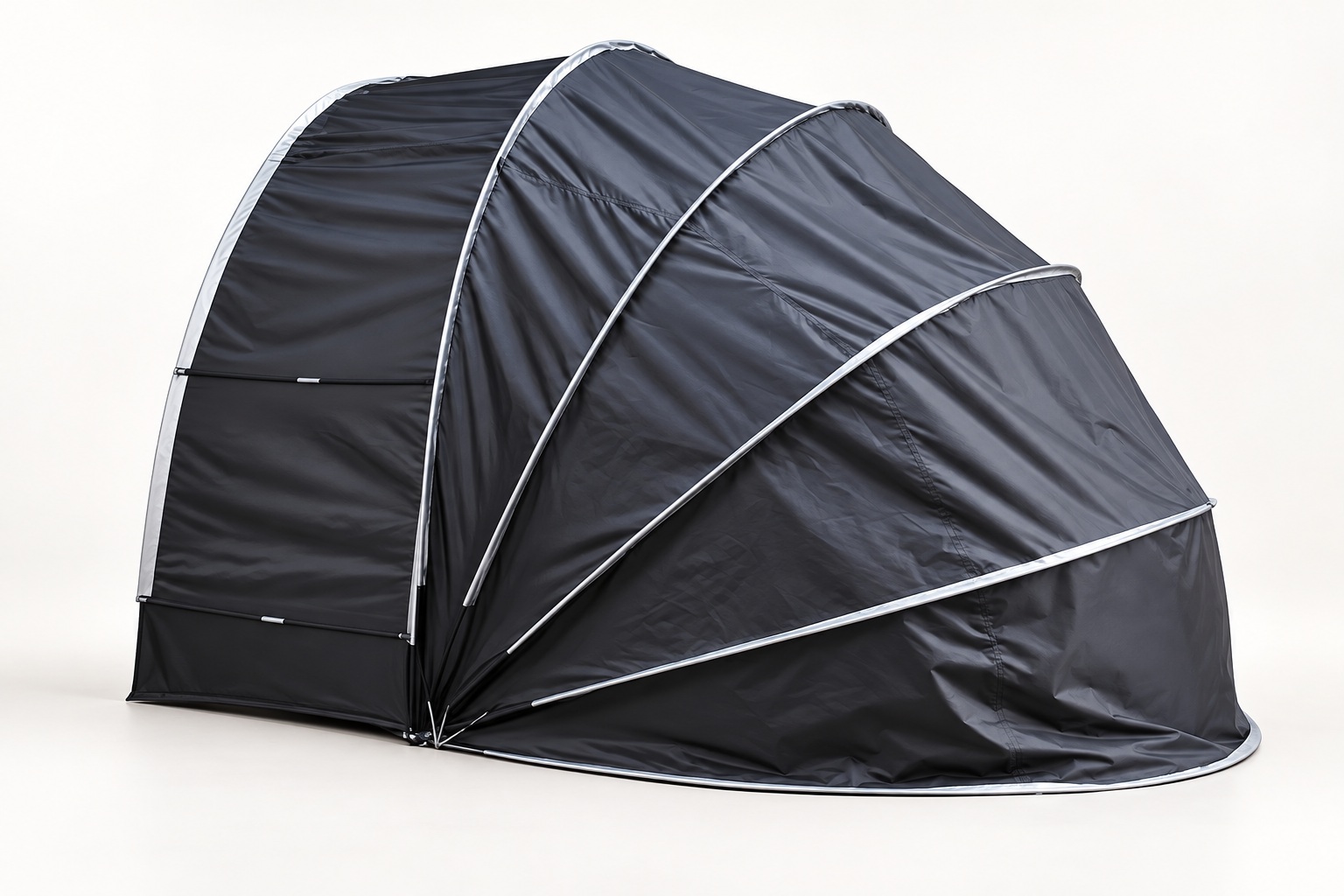 Closed charcoal fan-fold bicycle shelter with silver-gray rib edging on a clean studio background