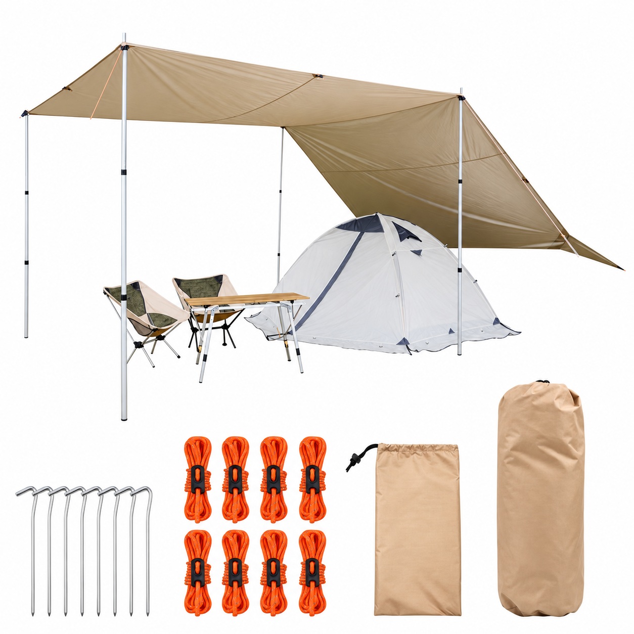 Beige rectangular tarp above a tent and seating area, with ropes, stakes and storage bags displayed below.