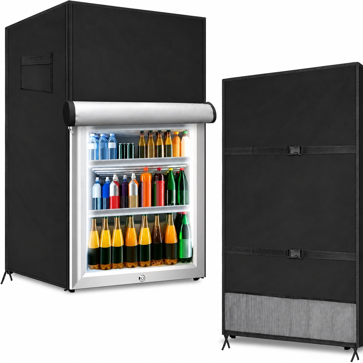 Front and rear views of a refrigerator cover showing a rolled front panel, rear buckled straps and a lower mesh section.