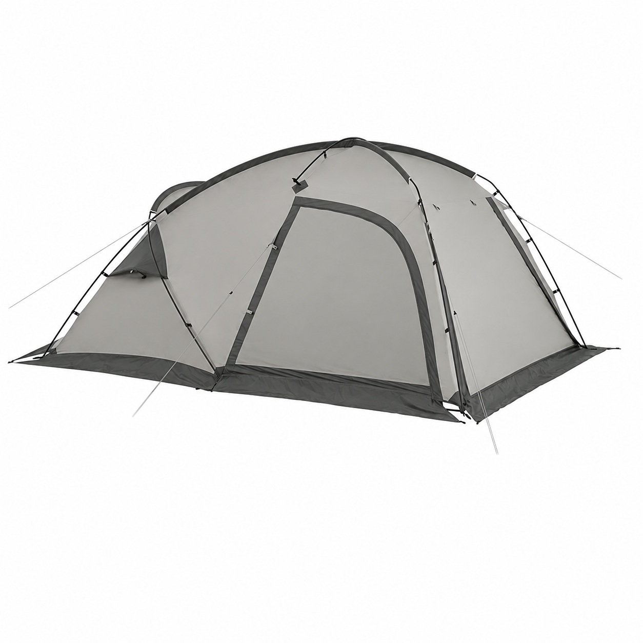 Gray camping tent with external curved poles, a closed entry and a projecting vestibule
