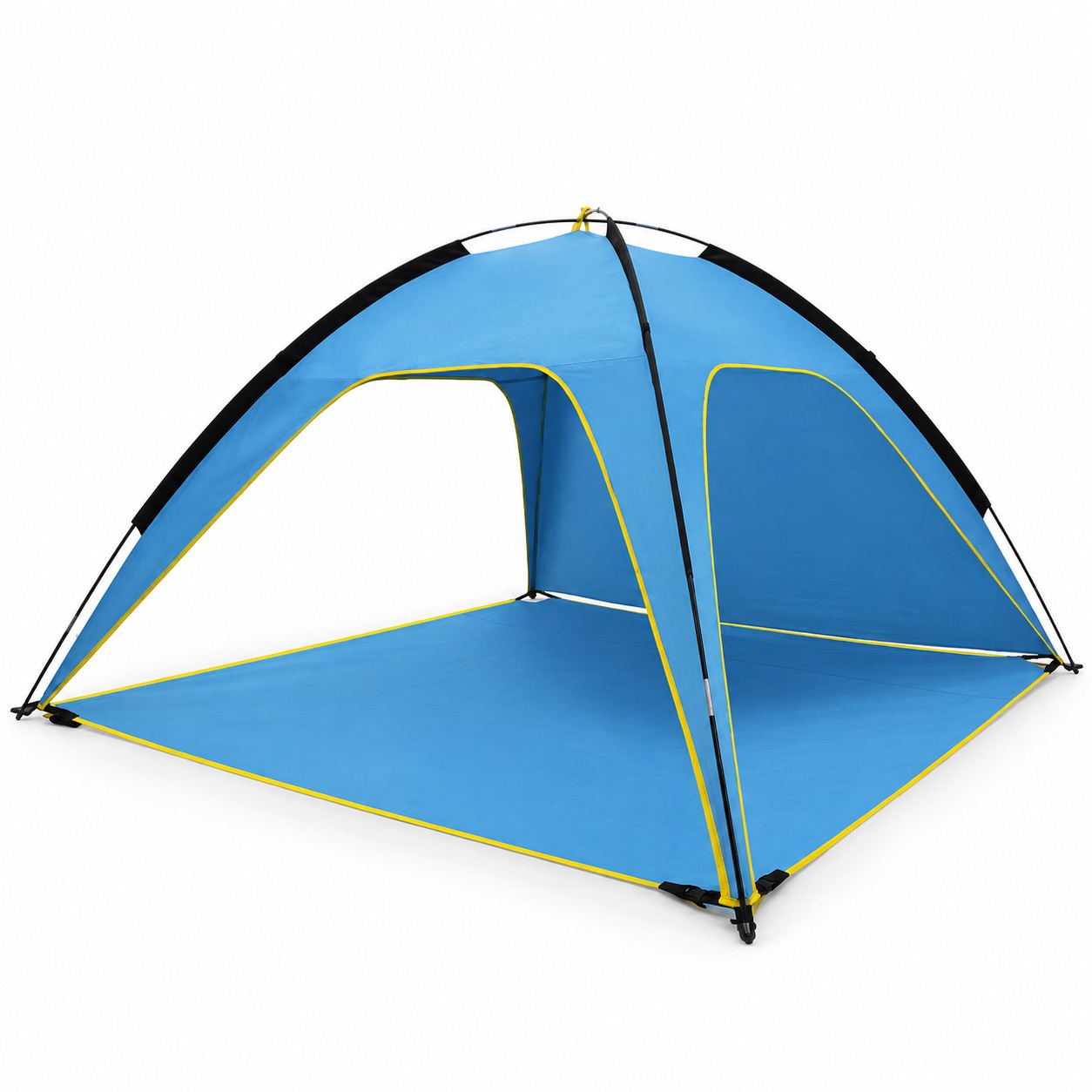 Blue square beach tent with yellow edging and an integrated floor