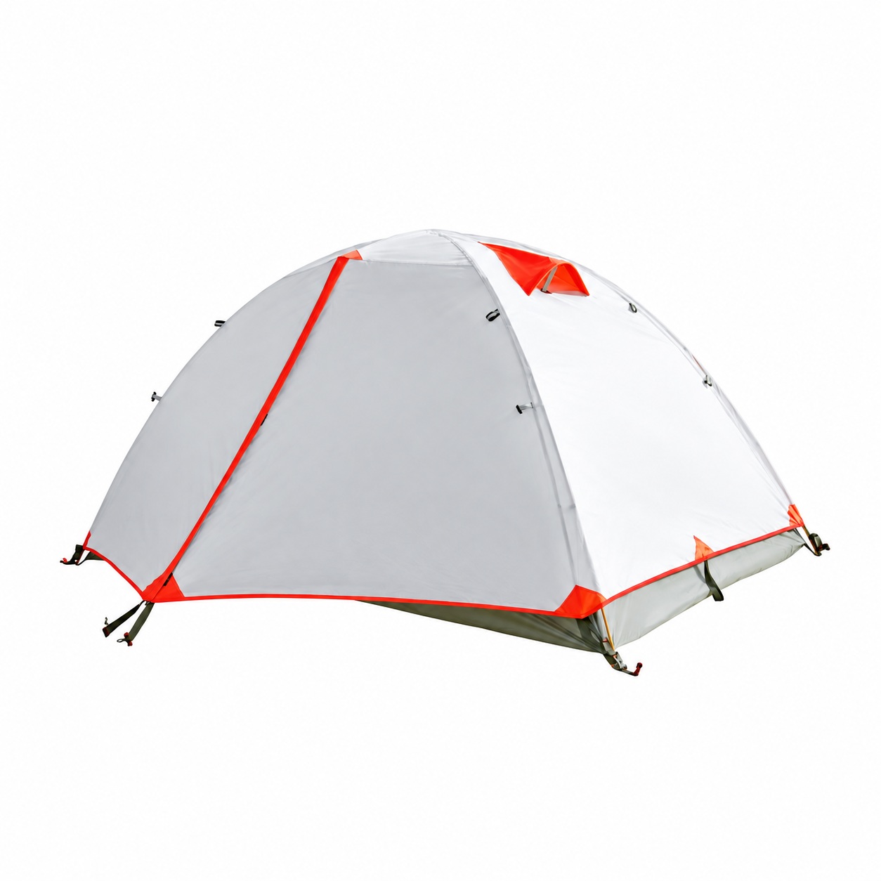 Light grey dome tent with orange trim, crossing support arcs and raised vent covers.