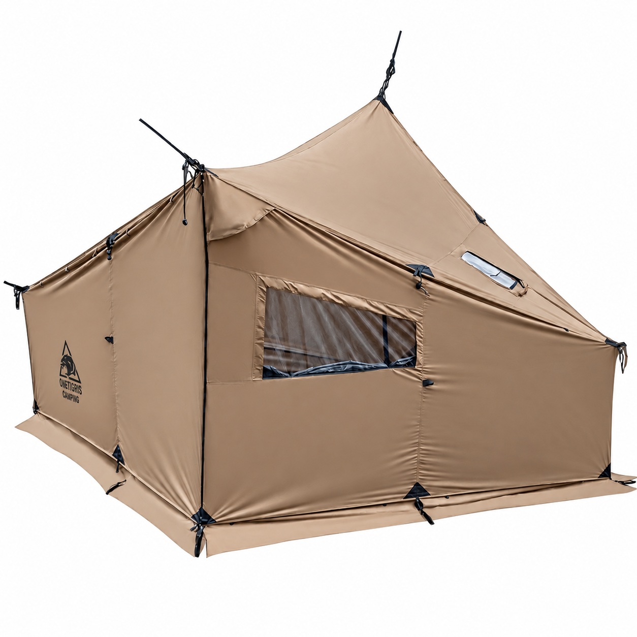 OneTigris brown ridge shelter with enclosed side walls, a rectangular mesh window and roof opening