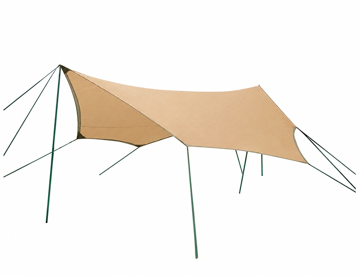 Beige shaped camping tarp pitched as an open shelter with several poles and outward guy lines.