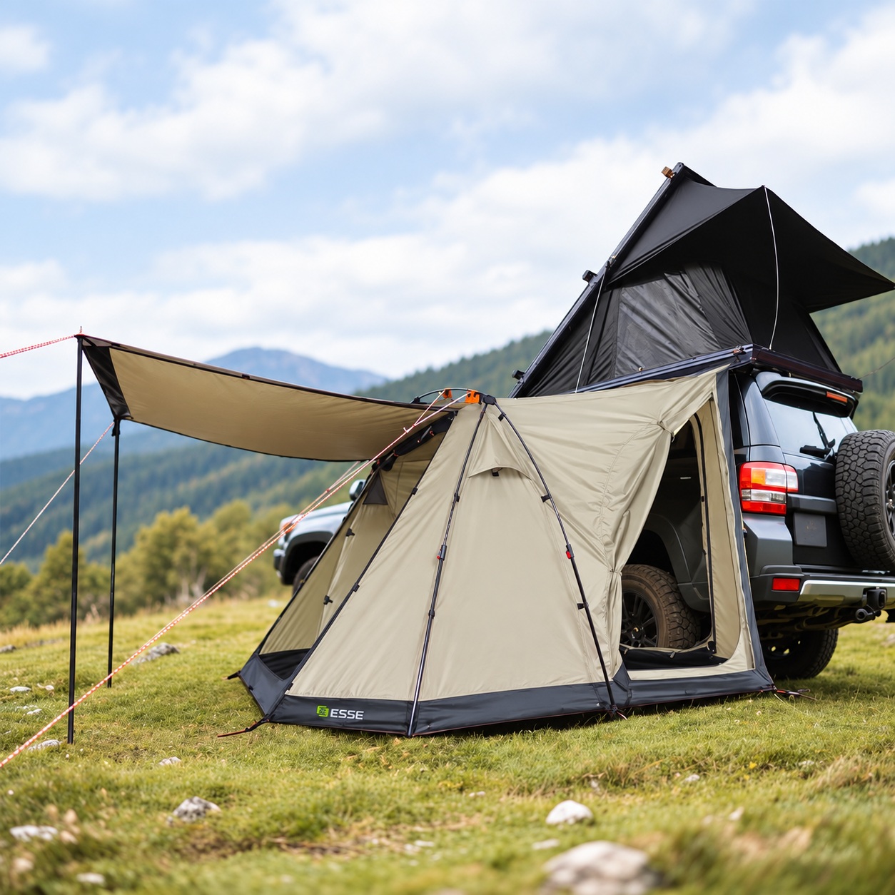 Touring annex beside an SUV with a raised front awning and a separate rooftop tent above