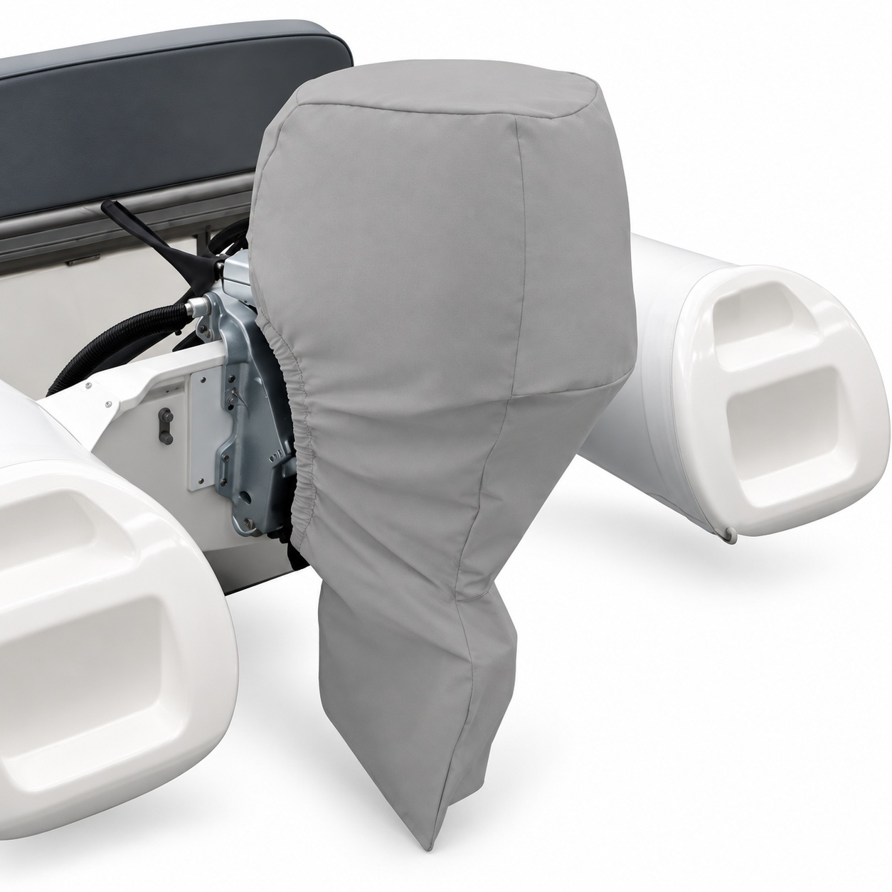 Gray full-length outboard motor cover tapering below the cowling around the lower engine outline.
