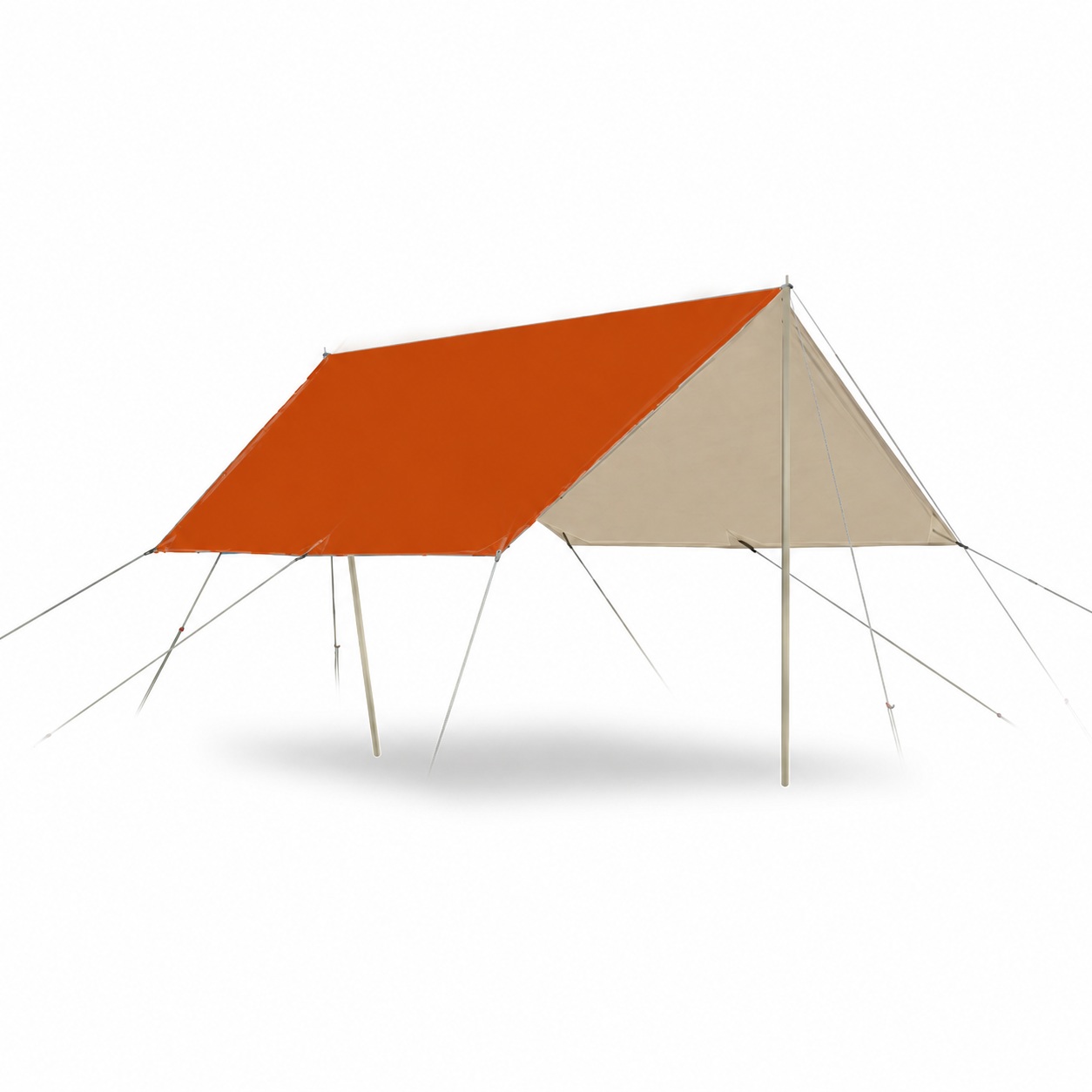 Orange and cream camping tarp pitched as an open ridge roof with upright poles and guy lines.