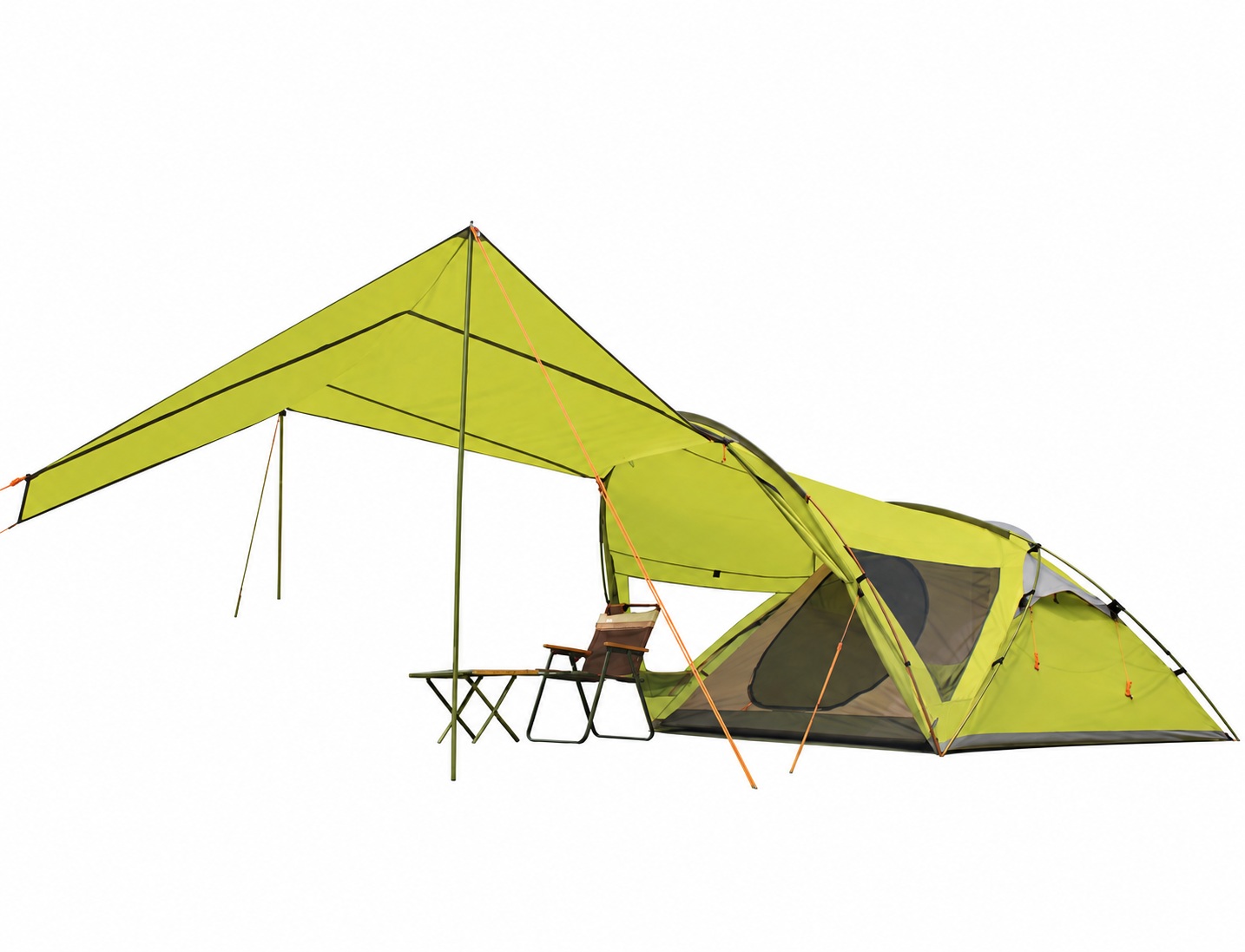 Yellow-green family tent with a long raised porch canopy and a chair beneath the covered area