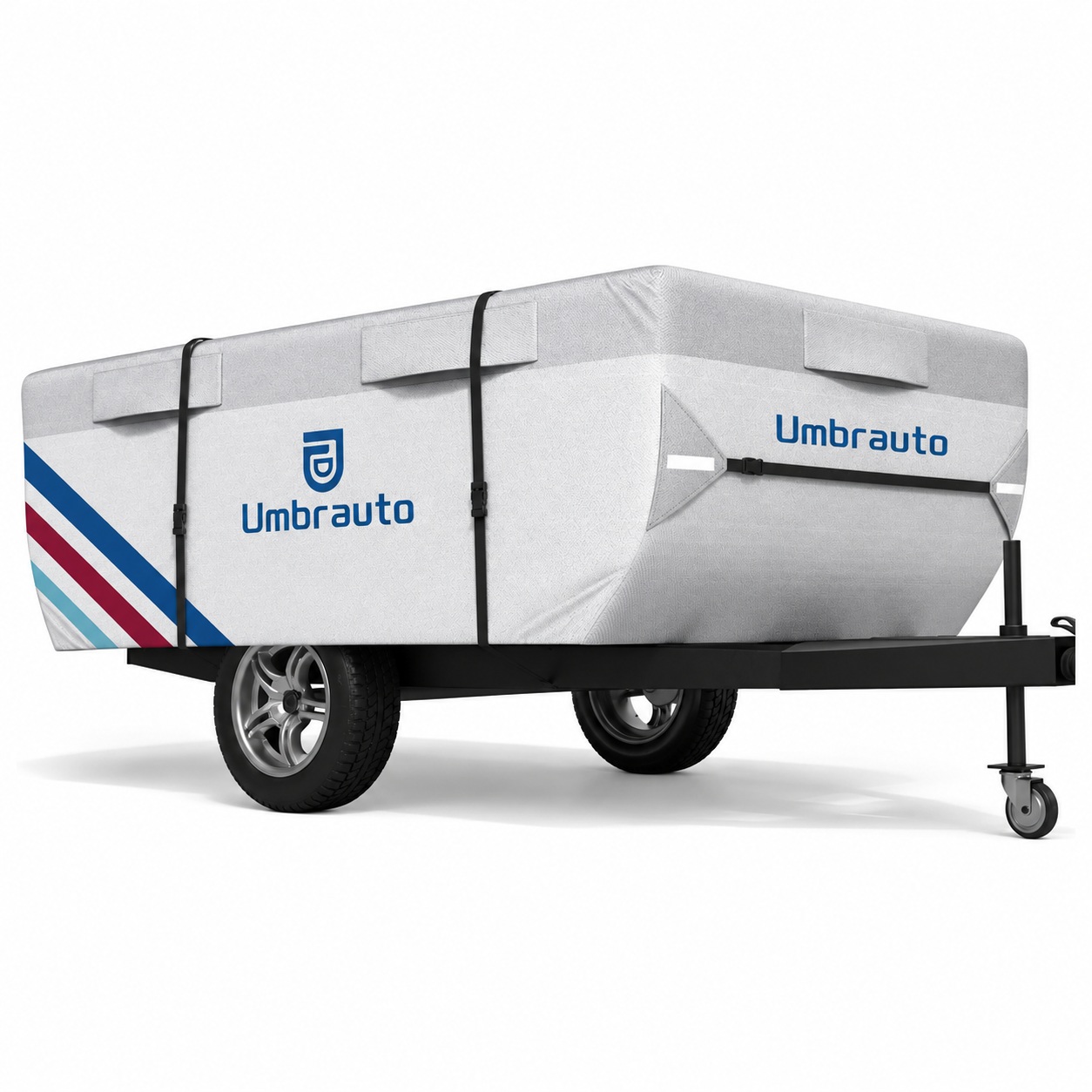 Storage cover fitted over a folded pop-up camper, with original Umbrauto branding visible.