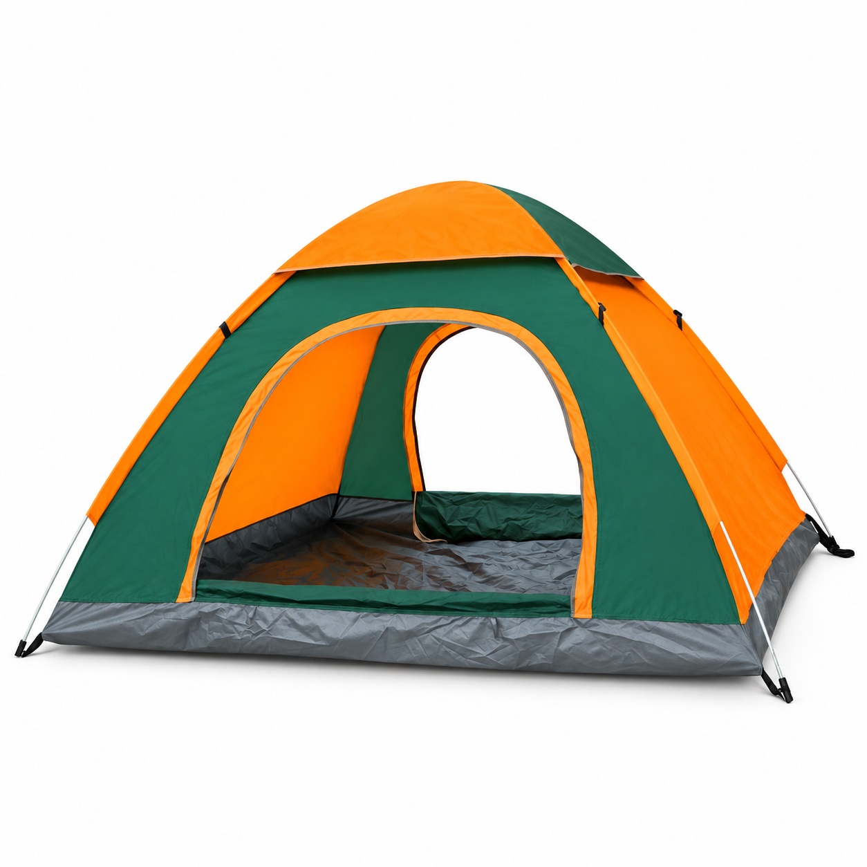Orange and green double-layer dome tent with gray base