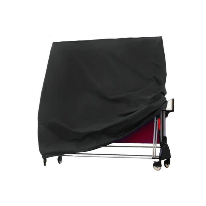 Black cover over an upright folded table-tennis table with wheels visible below.