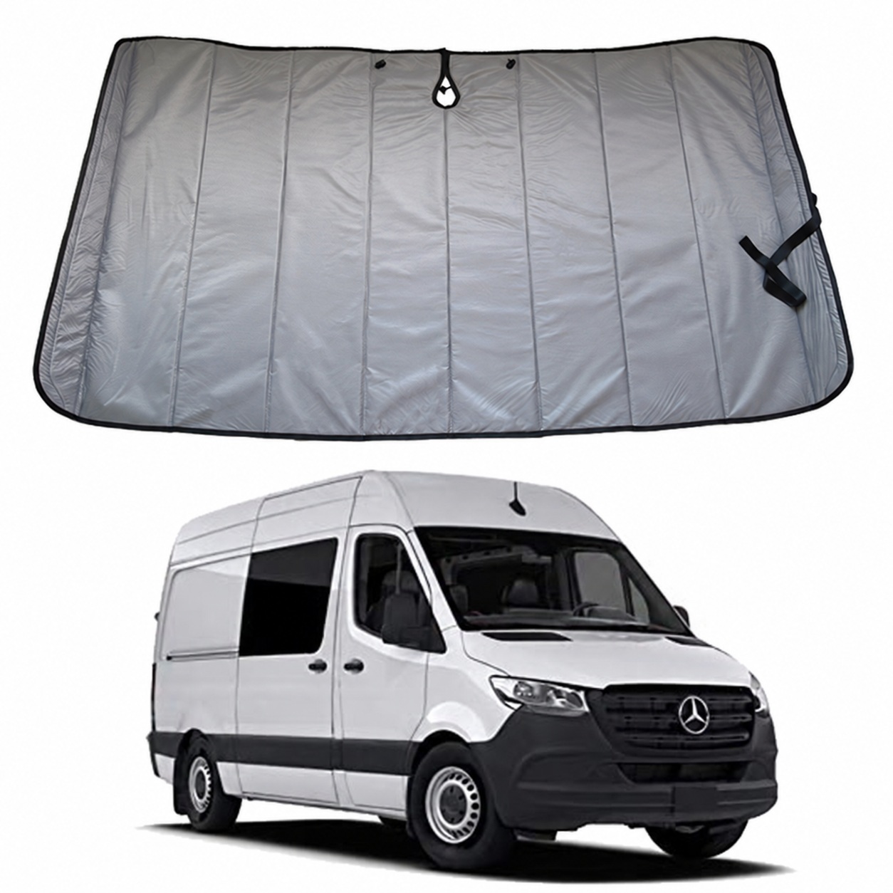 Silver-faced shaped windshield panel with vertical fold sections and a mirror-area cutout above a van reference.