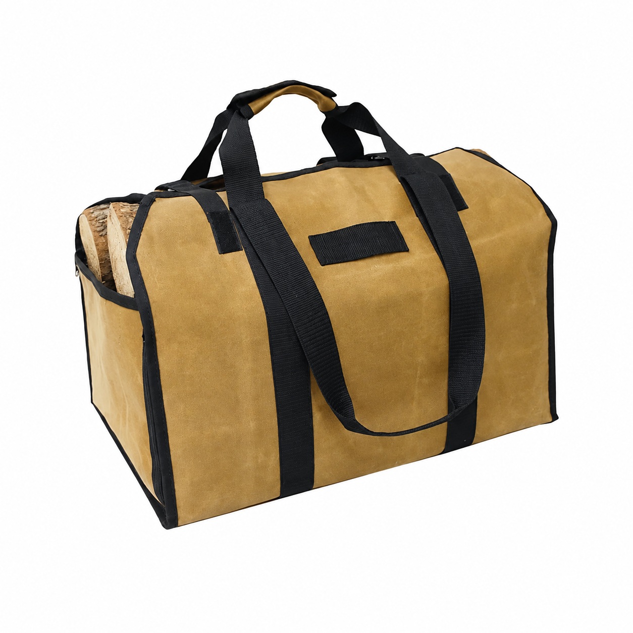 Khaki firewood tote with closed side panels and black webbing handles.