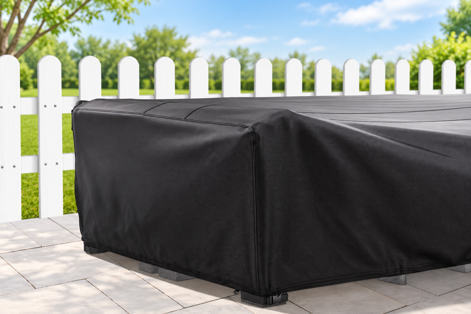 Close view of black Oxford furniture cover corner, panel seams and lower hem on a patio