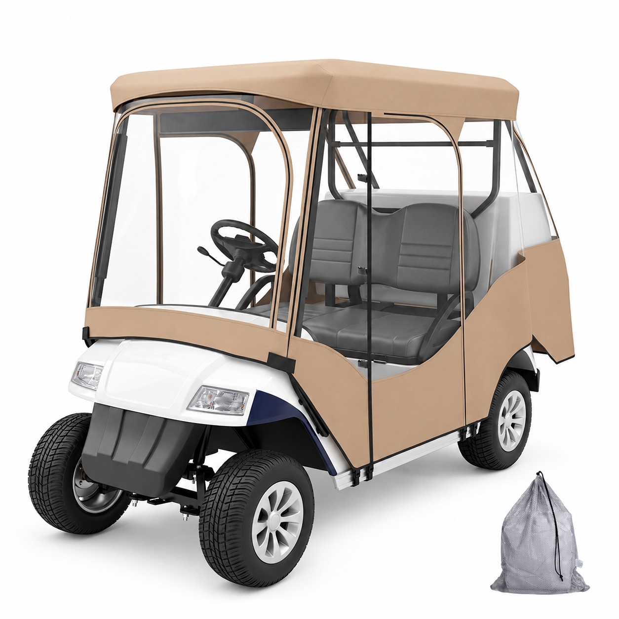 Khaki and clear-window enclosure around a two-seat golf cart, with zipped side openings and a bag inset.