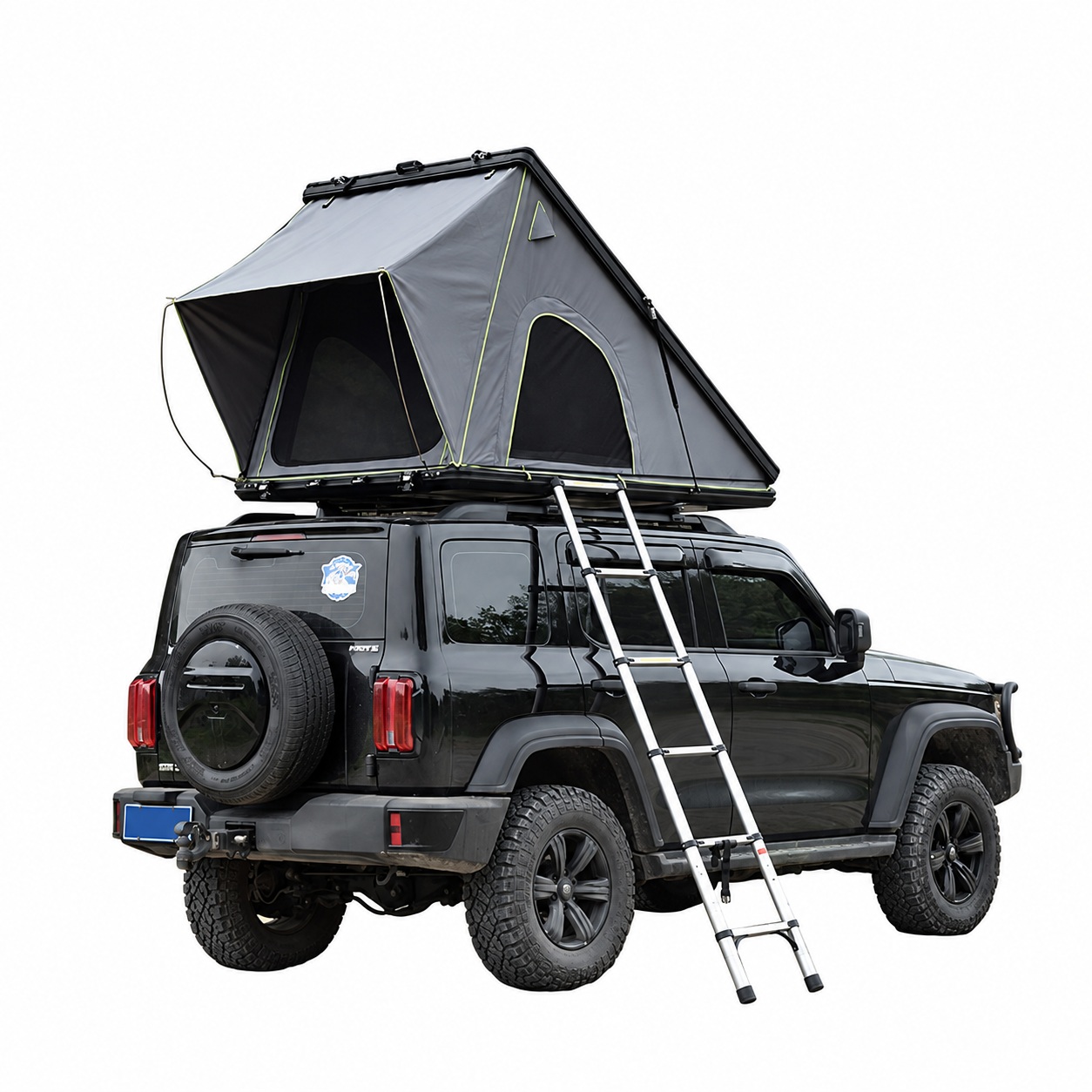 Grey wedge rooftop tent with green trim, an arched side window and an extended ladder on a vehicle.