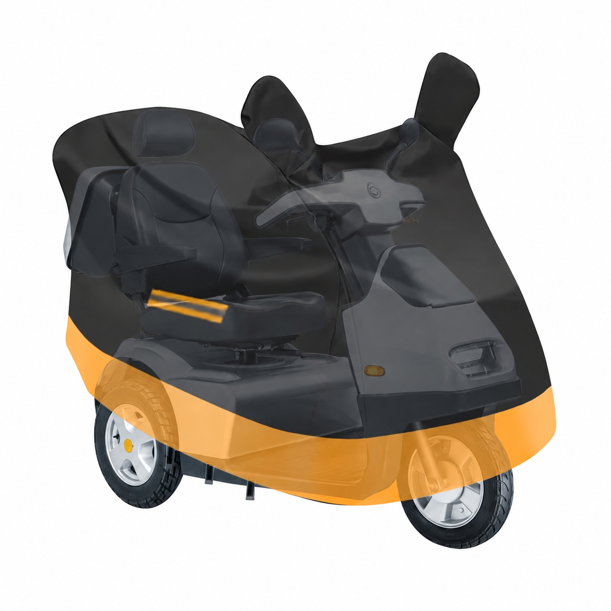 Supplier fit illustration of a black and amber mobility-scooter cover with mirror sections