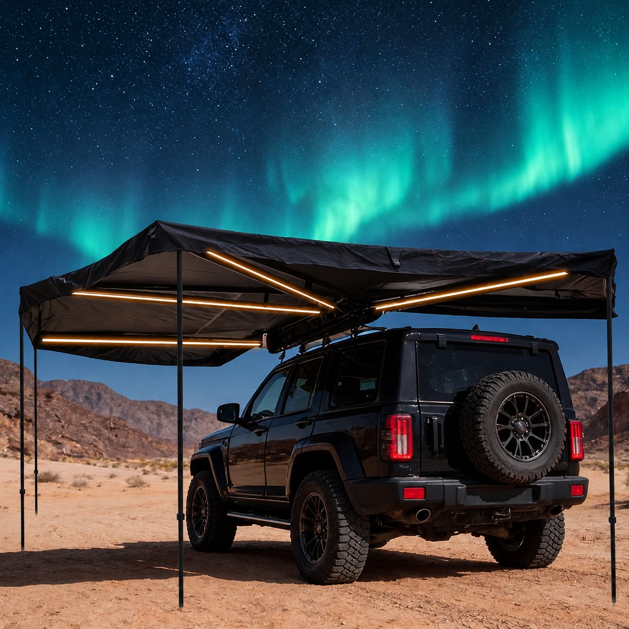 Dark fan-shaped awning around a vehicle with illuminated LED strips beneath its support arms.