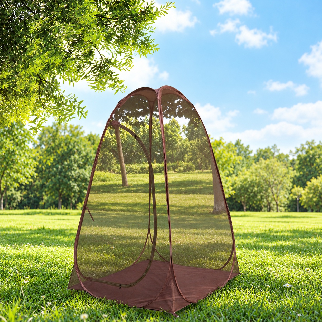 Brown upright mesh shelter with intersecting flexible loops and a sewn floor.